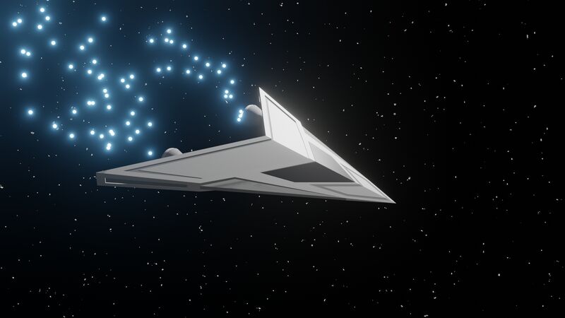A render of a chevron-shaped spacecraft against a starfield