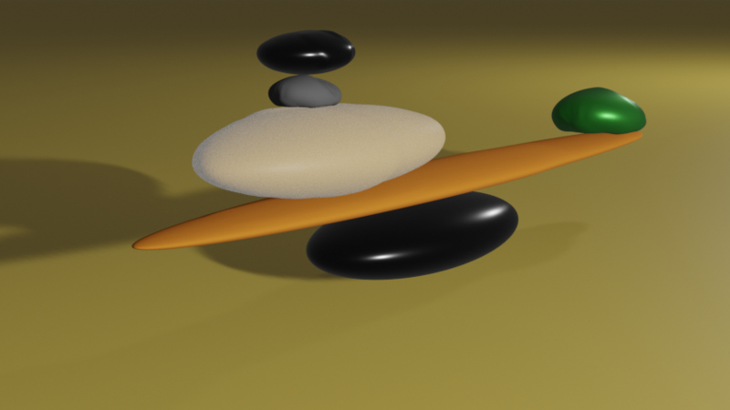 A render of several differently coloured and shaped stones balancing upon one another