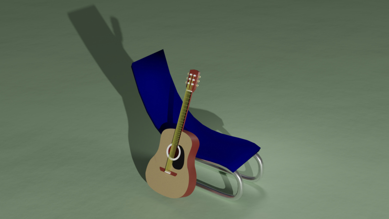 A render of an accoustic guitar resting on a blue folding sunlounge