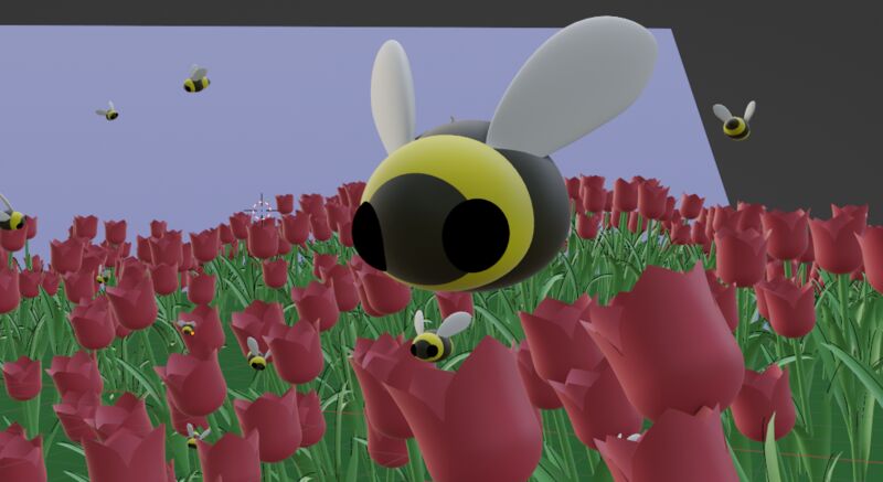 A lit screenshot of a scene of cute stylised bees visiting tulips