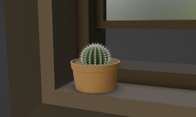 A render of low poly cactus sitting on a window sil