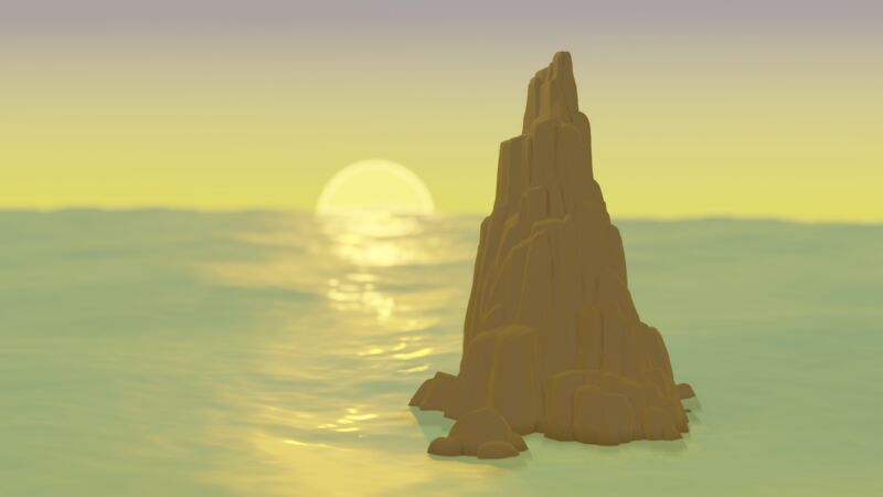 A render of a sculpted island at sunset