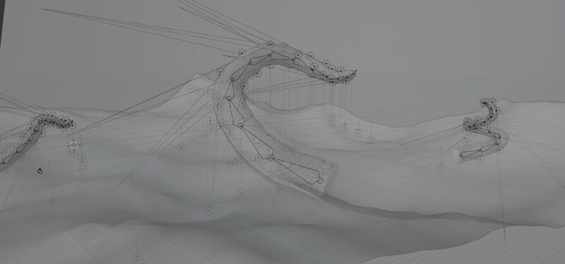 A screenshot of a wireframe scene depicting large tentacles emerging from the ocean