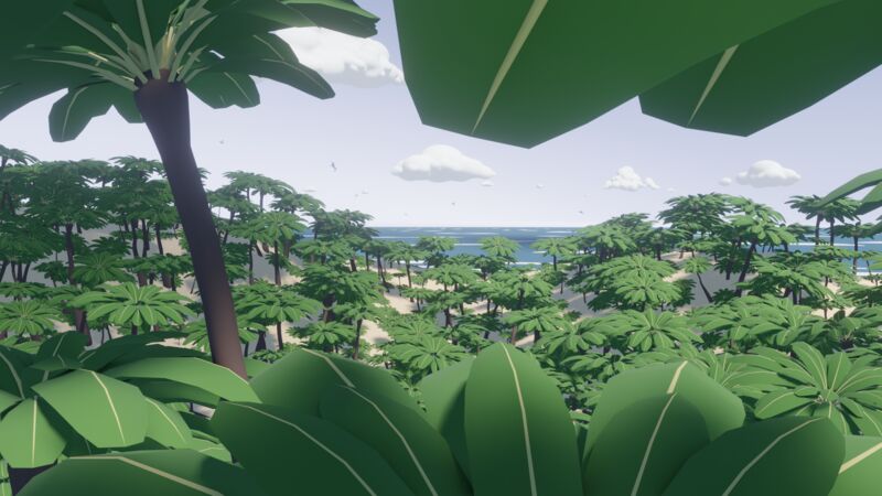 A render of a scene looking out through palm trees across the canopy toward the ocean