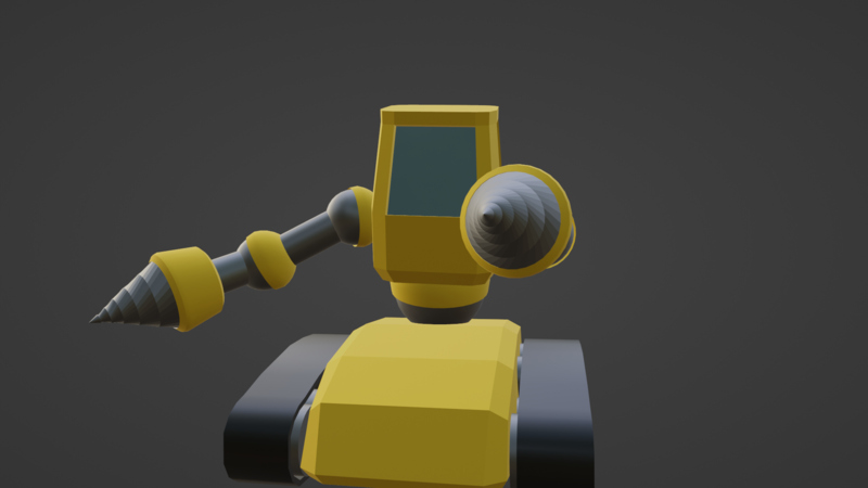 A render of a yellow mech with drill arms, one arm reaching forward to point at the camera