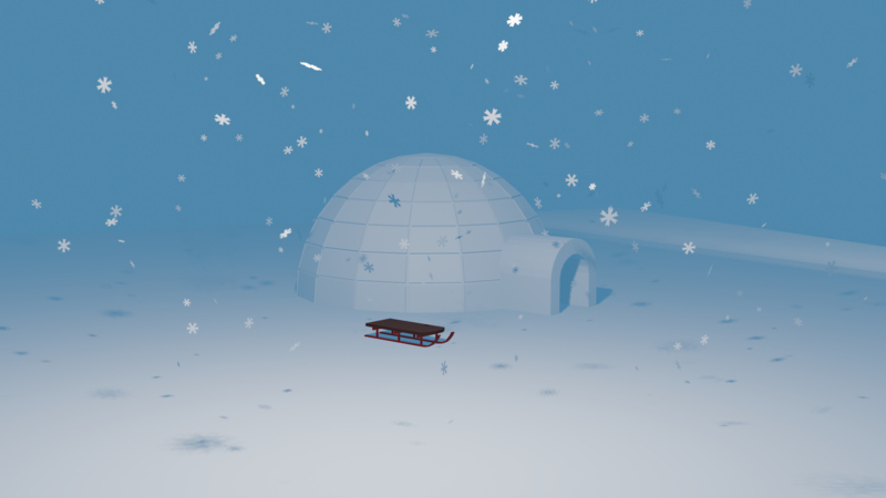 A render of a low poly sled sitting next to an igloo in the snow