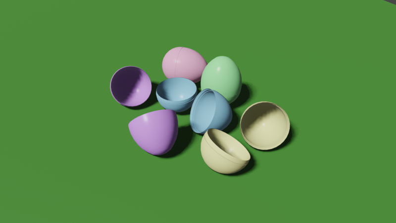 A render of some plastic egg halves of various colours