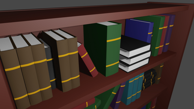 A render of a low poly bookshelf, full of various coloured hardcover books