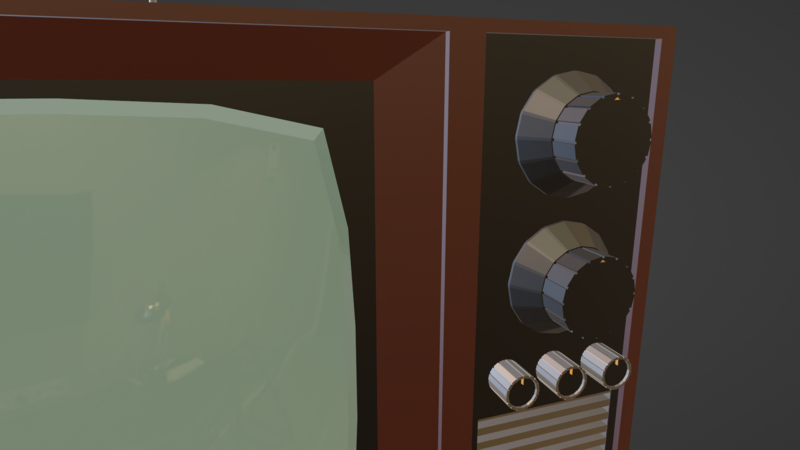 A close up render of dials on a low poly CRT television