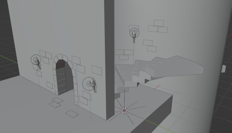 A screenshot of an unshaded scene of a stairwell in a stone castle