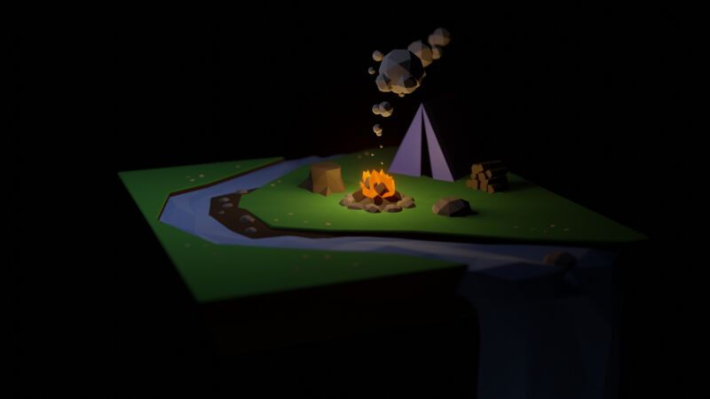 A render of a low poly campsite on the bank of a creek, lit by a campfire
