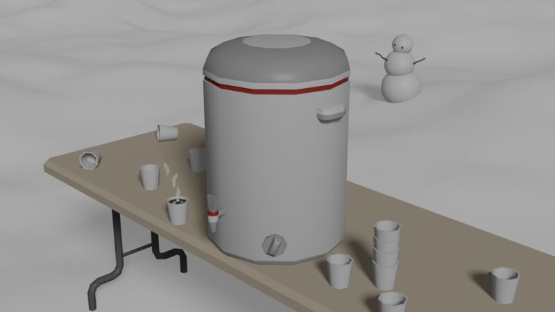 A render of a low poly scene of cups and an urn on a folding table in the snow with a cute snowman in the background