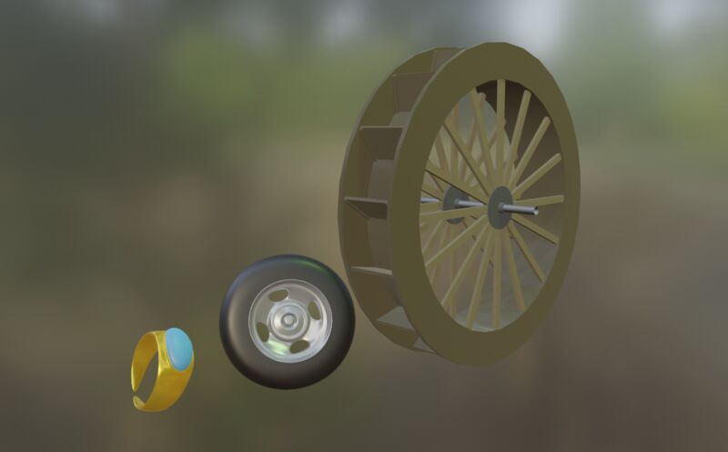 A render of a scene containing a water wheel, a car wheel, and a gold ring